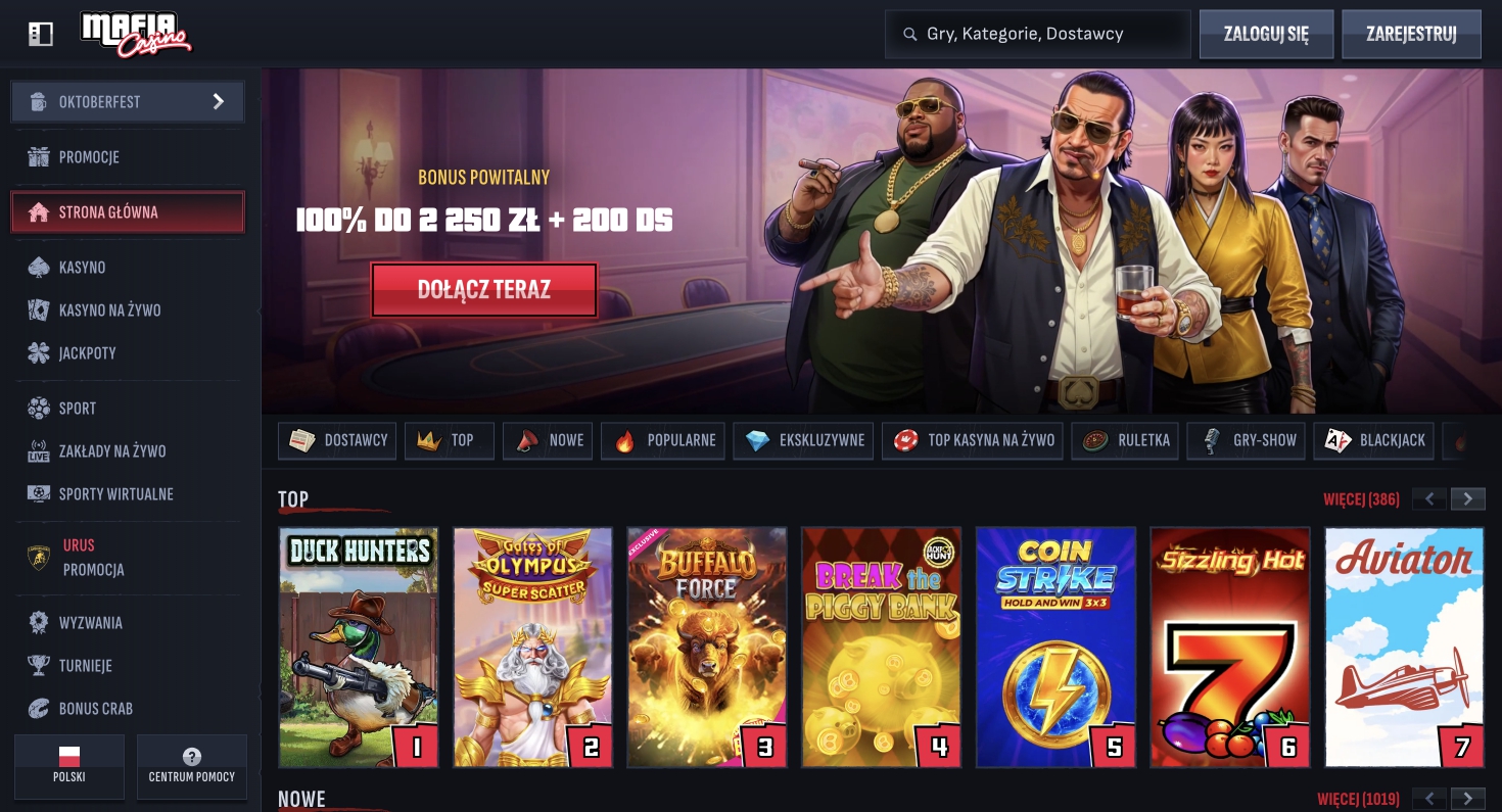 Mafia Casino - Bonus Powitalny 100% do 2250 zł + 200 DS